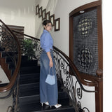 Blue white shade baggy jeans | Dark blue  striped shirt | Womens