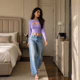 Lavender Twist Neck Crop Top with Wide-Leg Denim Jeans Set