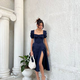 Romantic Blue Square Neck Midi Dress with Ruffle