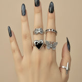 Gothic Silver Ring Set - Heart, Butterfly, Dagger & Moth Motif 5-Ring Stack