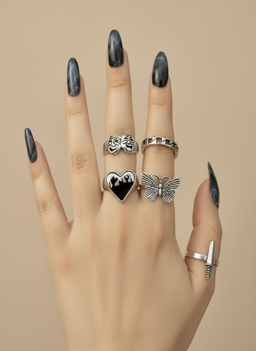 Gothic Silver Ring Set - Heart, Butterfly, Dagger & Moth Motif 5-Ring Stack