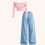 Baby pink Off shoulder top | sky blue baggy denim ( full set )