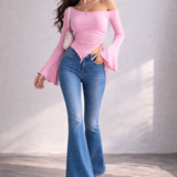 Pink Off-Shoulder Ribbed Top with Bootcut Denim Jeans (full set )