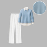 Winter 3-Piece Set – Light Blue Sweater + White Shirt + White Trouser