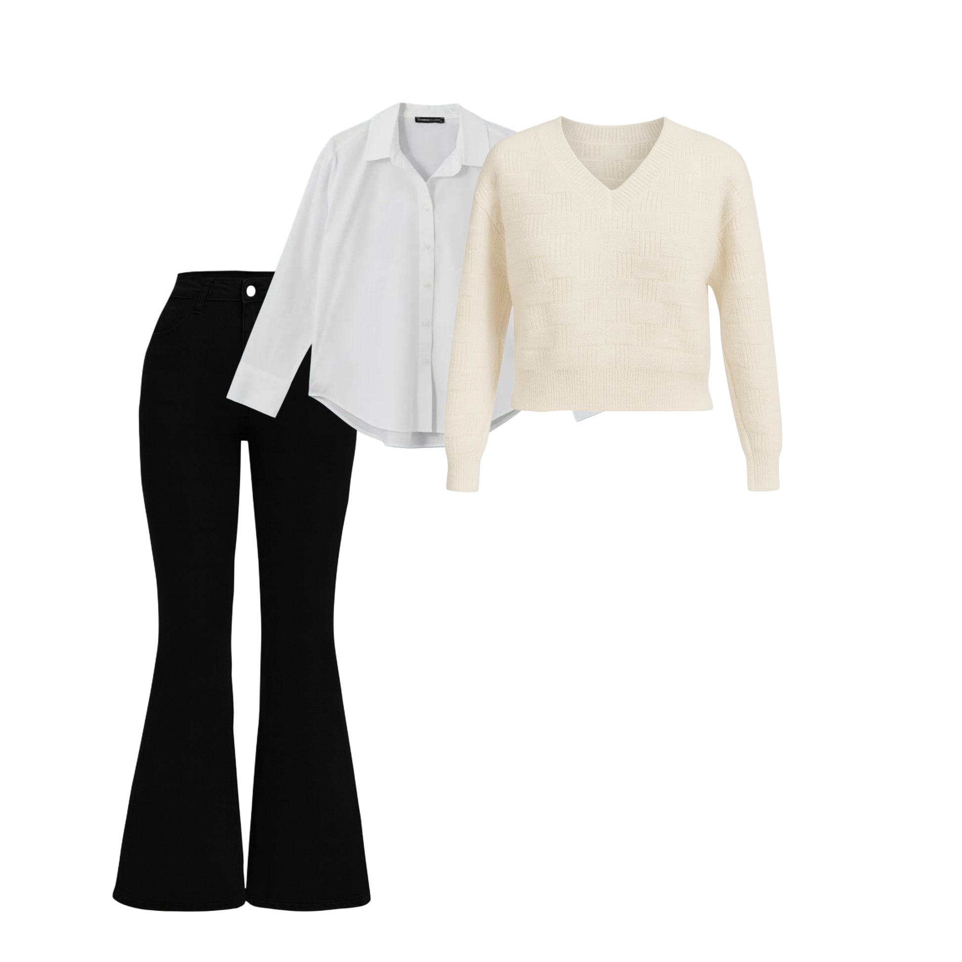 Women’s Premium Winter Shirt + Knitted Sweater + Bootcut Jeans Combo | 1 Free Accessory
