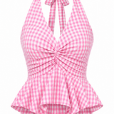 Gingham Halter Peplum Top & Twill Trouser Set