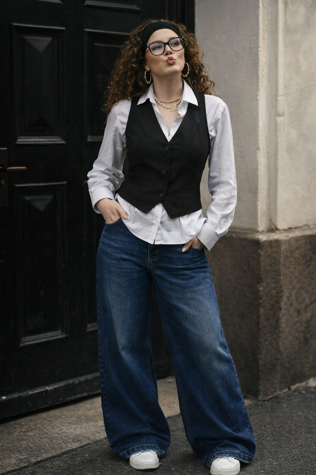 Classic Waistcoat Shirt & Wide-Leg Denim Co-Ord Set | Black