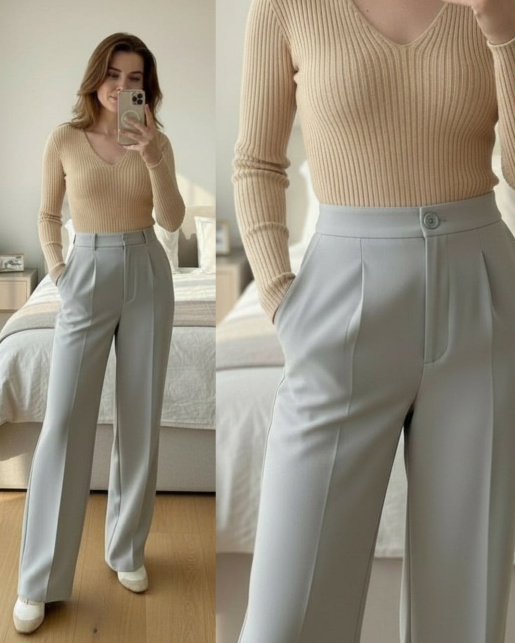 Women’s Ribbed V-Neck Beige Knit Top & High-Waist Light Grey Formal Polyester Trousers with
