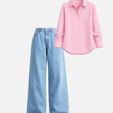Pink Stripe Shirt with Light Blue baggy jeans