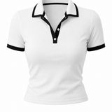 Contrast Trim Polo Top with Wide-Leg Tailored Trousers ( Black )