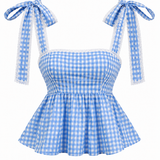 Blue Gingham Peplum Tie-Up Top with Wide Leg Denim Jeans Co-ord Set