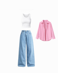 Old Money Casual Denim Set -Baby pink