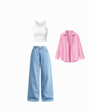 Old Money Casual Denim Set -Baby pink