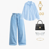 Blue striped shirt with high waist baggy denim jeans ( full outfit )