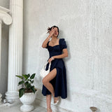 Romantic Blue Square Neck Midi Dress with Ruffle