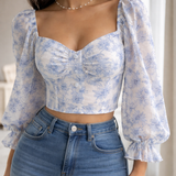 Blue Floral Georgette Puff Sleeve Crop Top with Stretch Bootcut Denim Jeans Co-Ord Set
