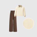 Classic Brown Striped Shirt with Pleated Trousers & Cable-Knit Sweater Coordinate Set