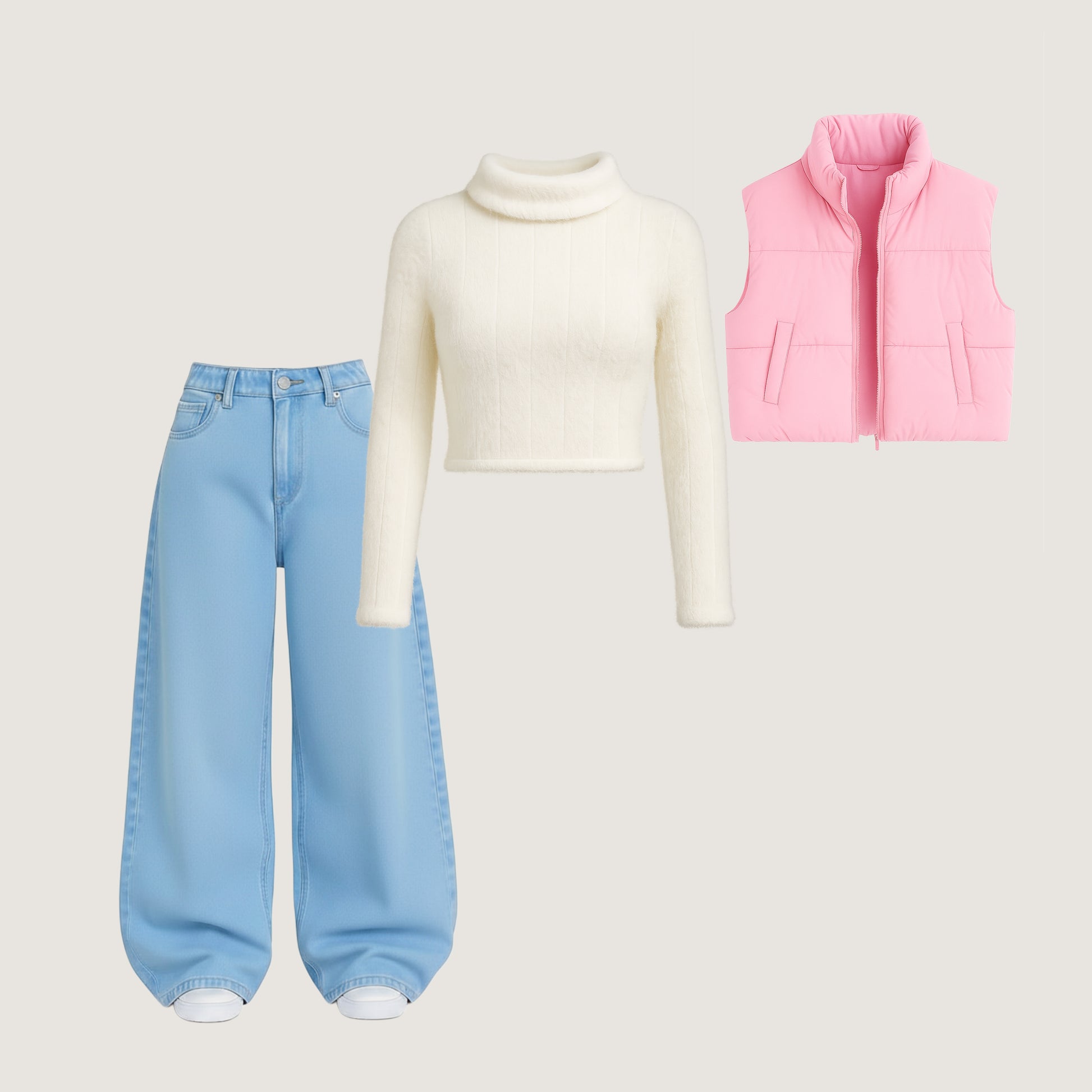 Winter Cozy Set – Premium Sweater, Puffer Vest & Wide-Leg Denim Collection (1 Free accessories)