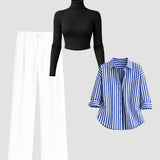 Modern Striped Shirt + Wide Leg Trousers Set | Black Ribbed Top | 3-Piece Look