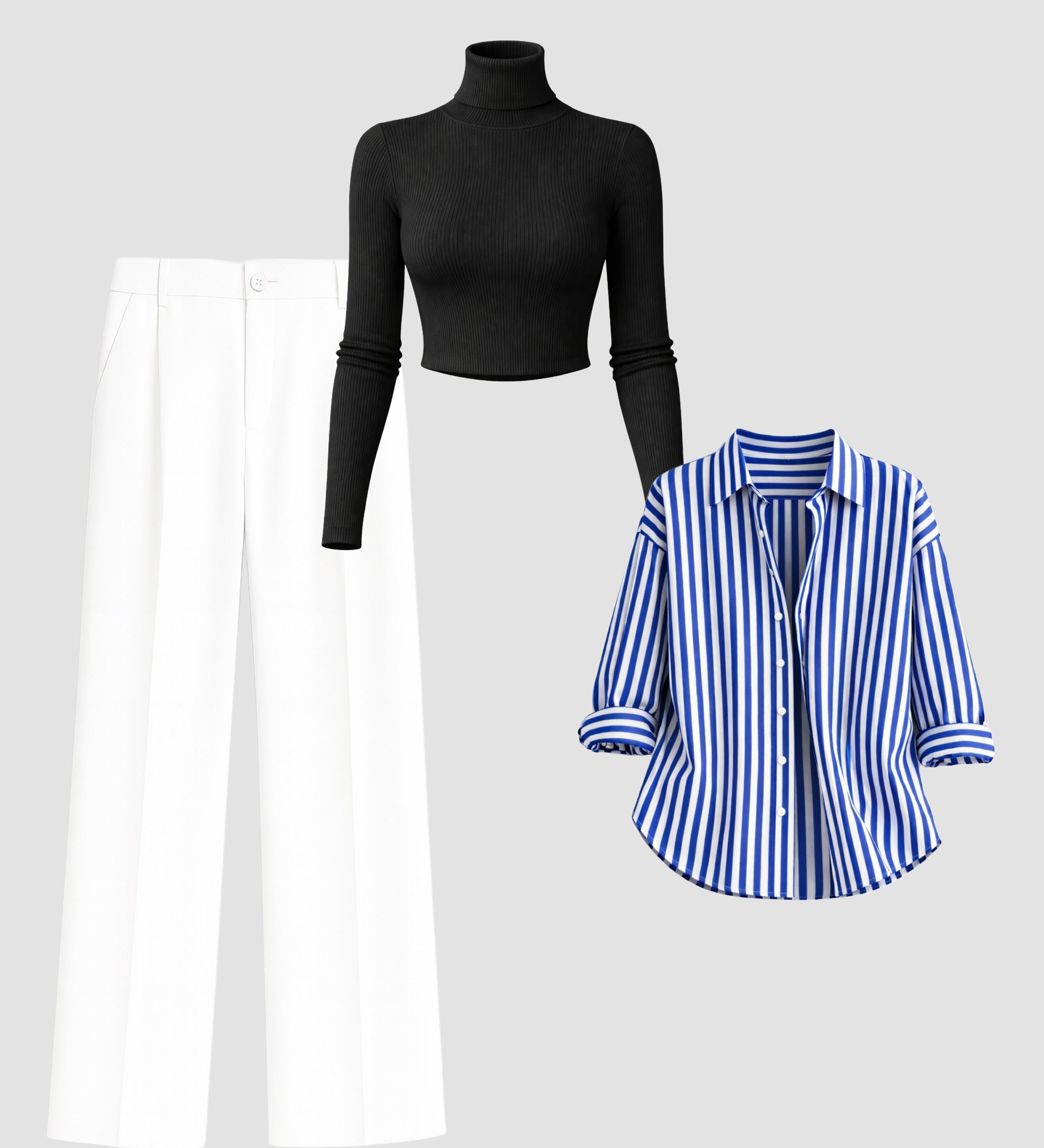 Modern Striped Shirt + Wide Leg Trousers Set | Black Ribbed Top | 3-Piece Look