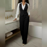 Black Three Piece Suit Set for Women (Shirt + Vest + Pleated Pants) - Full set