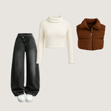 Winter Cozy Set – Premium Sweater, Puffer Vest & Wide-Leg Denim Collection (1 Free accessories)
