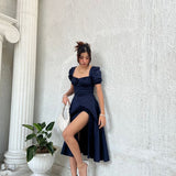 Romantic Blue Square Neck Midi Dress with Ruffle