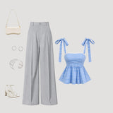 Blue Gingham Peplum Tie-Up Top with Grey Wide Leg Barbie Trousers Co-ord Set