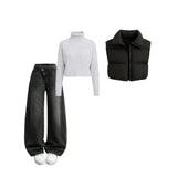 Modern Winter Streetwear Set with Ribbed Knit Sweater & Puffer Jacket