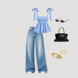 Blue Gingham Peplum Tie-Up Top with Light Wash Wide Leg Jeans Co-ord Set