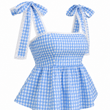 Blue Gingham Peplum Tie-Up Top with Wide Leg Denim Jeans Co-ord Set