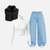 Ribbed Turtleneck Top with Baggy Sky Blue Denim & Puffer Vest Co‑ord Set
