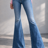 Pink Off-Shoulder Ribbed Top with Bootcut Denim Jeans (full set )