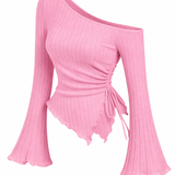 Pink One-Shoulder Ruched Top with Sky Blue Baggy Jeans