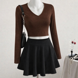 Classic V-Neck Top & Flared Skirt Set