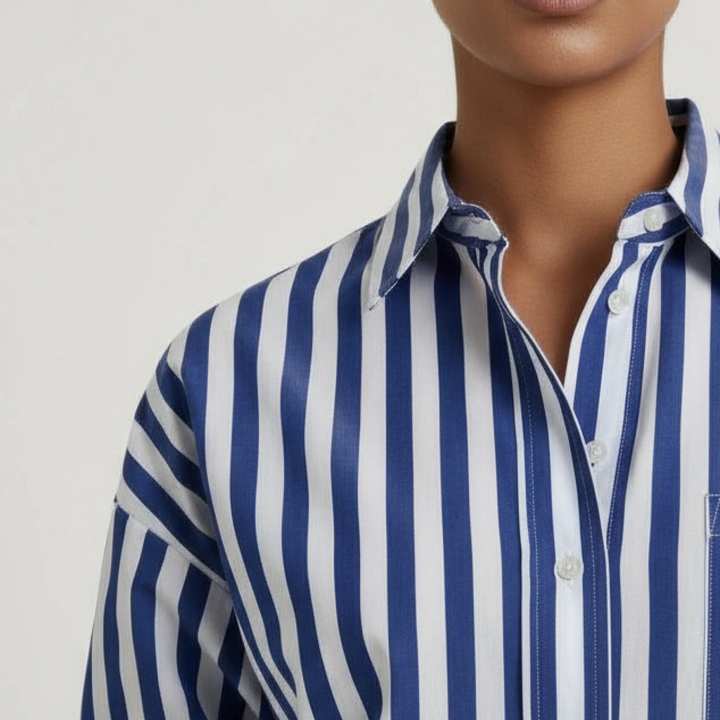 Blue white shade baggy jeans | Dark blue broad striped shirt | Womens