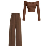Twist-Detail Brown Top Co-Ord Set with Wide-Leg Trousers