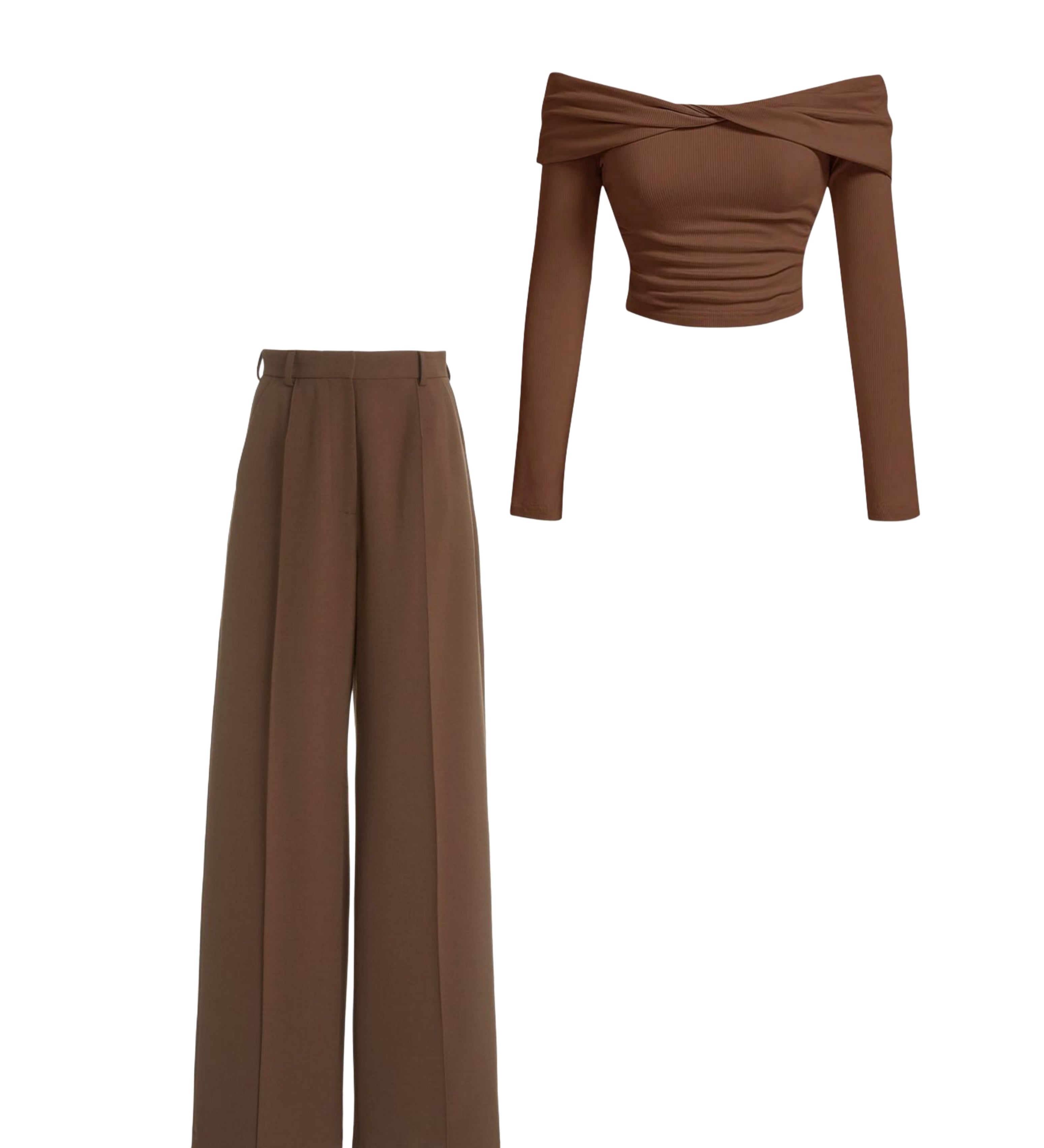 Twist-Detail Brown Top Co-Ord Set with Wide-Leg Trousers