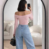 Baby pink Off shoulder top | sky blue baggy denim ( full set )