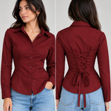 Women’s Burgundy Corset Back Lace-Up Shirt with Flared Cuffs
