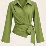 Olive Green Wrap Front Shirt with Side Tie & Flared Sleeves