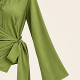 Olive Green Wrap Front Shirt with Side Tie & Flared Sleeves