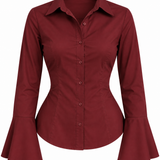 Maroon Flared Sleeve Shirt with Black Wide-Leg Trousers