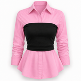 Pink Cotton Peplum Shirt with Black Ribbed Tube Top