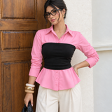 Pink Cotton Peplum Shirt with Black Ribbed Tube Top