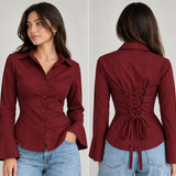 Women’s Burgundy Corset Back Lace-Up Shirt with Flared Cuffs
