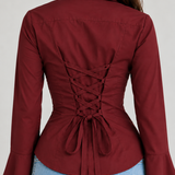 Women’s Burgundy Corset Back Lace-Up Shirt with Flared Cuffs