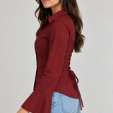Women’s Burgundy Corset Back Lace-Up Shirt with Flared Cuffs