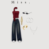 Women's Burgundy Tube Top with Cotton Denim Wide-Leg Jeans Co-Ord Set (Scarf Included)