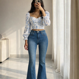 Blue Floral Georgette Puff Sleeve Crop Top with Stretch Bootcut Denim Jeans Co-Ord Set